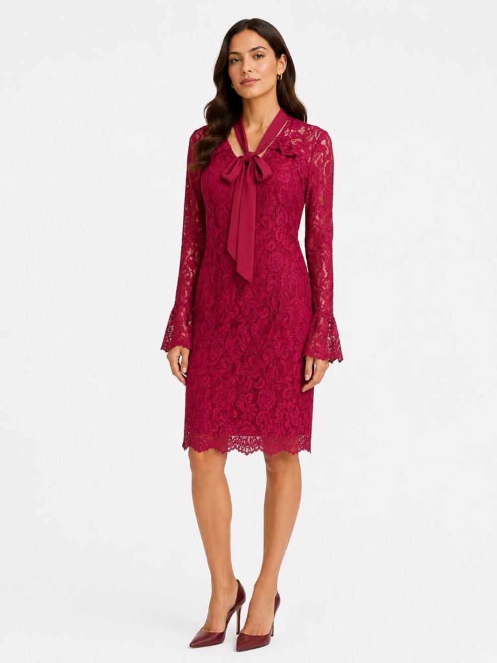 NWT ADELYN RAE RASPBERRY RED TIE NECK LACE LONG SLEEVE COCKTAIL DRESS - S